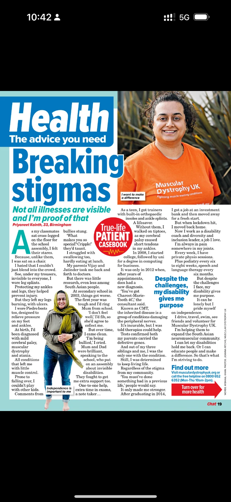Chat Magazine October 2025 Health feature spread titled 'Breaking stigmas: Not all illnesses are visible and I'm proof of that' by Priyaneet Kainth, 33, Birmingham, showing photos of Priyaneet and the full article.
