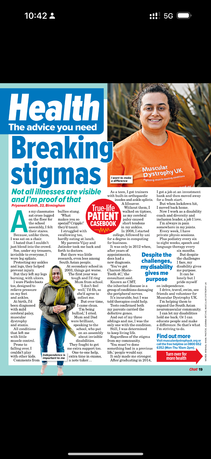 Chat Magazine October 2025 Health feature spread titled 'Breaking stigmas: Not all illnesses are visible and I'm proof of that' by Priyaneet Kainth, 33, Birmingham, showing photos of Priyaneet and the full article.