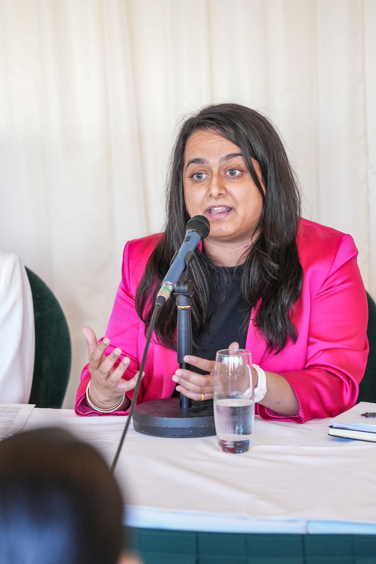 Priyaneet Kainth speaking into a microphone on the Asian Voice Be the Change panel at the House of Commons.